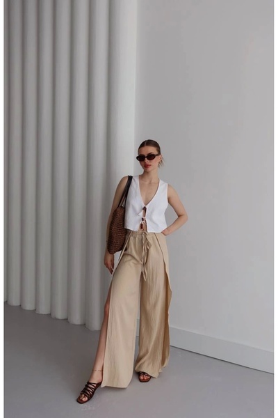 Ecenin Favorileri Bočne Sa prorezom širok kroj bež ženske pantalone