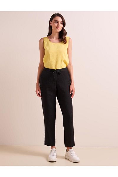 Jimmy Key Black 100% Linen Straight Cut Elastic Waist Pocket Trousers