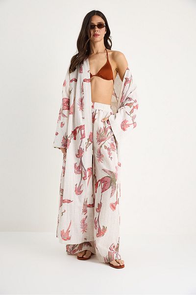 Bianco Lucci Women's Patterned Wide Sleeve Long Kimono Elastic Waist Pocket Loose Trousers Suit 8010 60283355