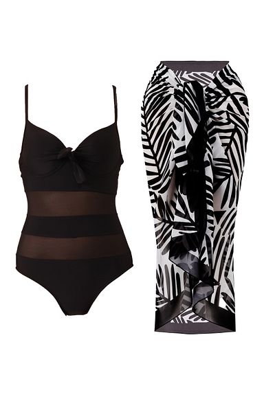 CUPSEA Women's Black Tulle Detailed Covered Swimsuit (Supported) Black Leaf Pattern Pareo Set of 2