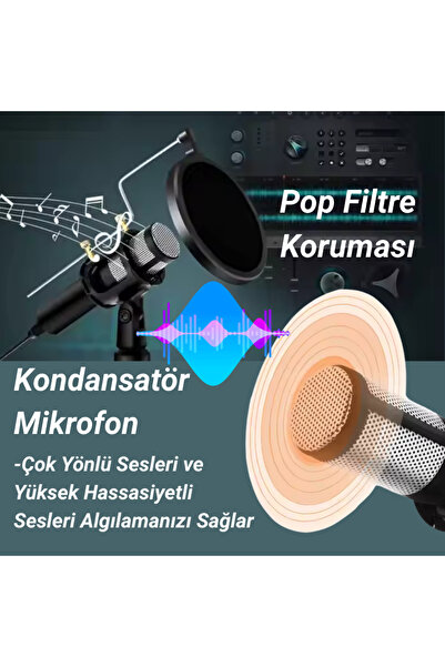 MultiZone Karaoke Cep Telefonu Bilgisayar Uyumlu Tripodlu Kondenser Youtuber Kayıt Mikrofonu