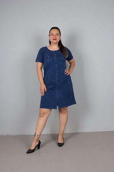 Truva XXL Plus Size Navy Blue Front Button Washed Dress