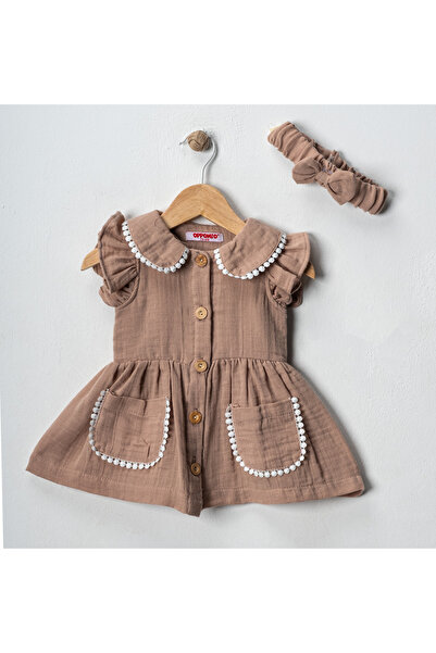 OPPOMİO Bebek Kız Pamuklu Müslin Fistolu Elbise ve Saç Bandı Takımı