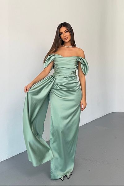 İyem Abiye Off-Shoulder Detail Layered Satin Allerli Evening Dress Slim Fit