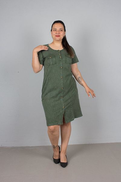 Truva XXL Large Size Khaki Front Button Washed Dress