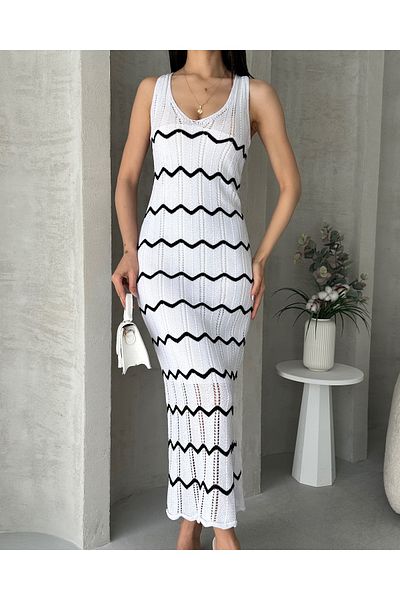 Fav Style Rochie midi de damă, cu decolteu în V, fără mâneci, cu detalii în zig-zag, albă