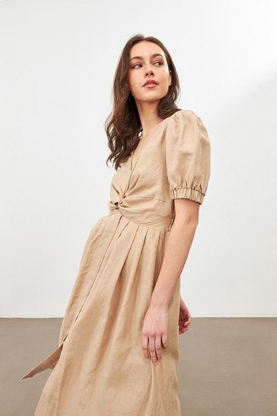 Setre Beige Gathered and Sleeve Detailed Linen Dress