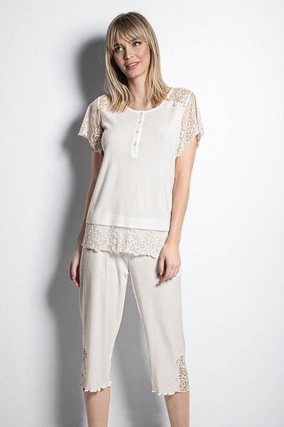 MONAMİSE Buttoned Front Embroidered Lace Large Size Capri Set