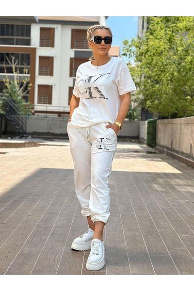 Kokoşum Butik 4607 Πέτρινη αθλητική φόρμα Λευκή