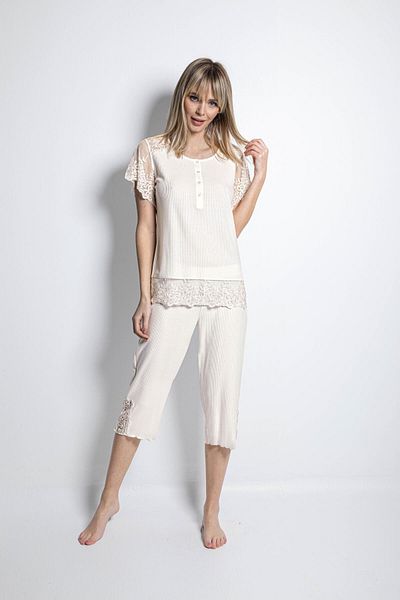 MONAMİSE Buttoned Front Embroidered Lace Large Size Capri Set