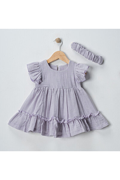 OPPOMİO Bebek Kız Pamuklu Müslin Fırfırlı Elbise ve Saç Bandı Takımı