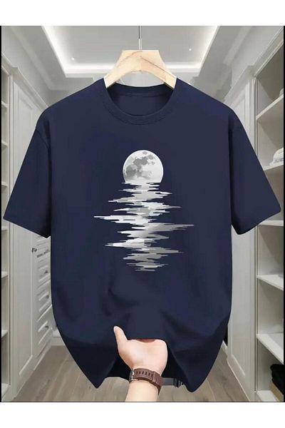 SELENA BUTİK Unisex Round Neck Dark Navy Blue Cotton T-Shirt