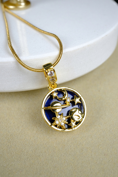 Zalifra Galaksi Seri, Lacivert Zemin Üzerine Gezegen ve Yıldızlar Temalı, Çelik Kolye