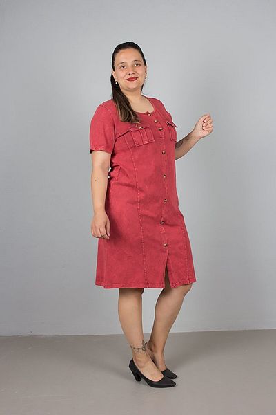 Truva XXL Plus Size Red Front Button Wash Dress