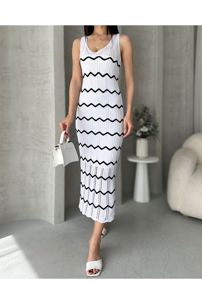 Fav Style Rochie midi de damă, cu decolteu în V, fără mâneci, cu detalii în zig-zag, albă