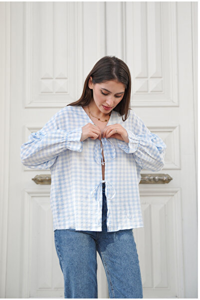 Molly Nelly Cămașă subțire cu cravată în carouri în carouri Poeti pentru femei