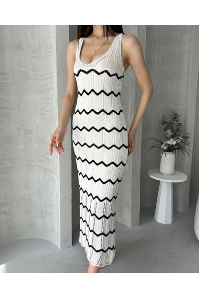 Fav Style Rochie midi de damă, cu decolteu în V, fără mâneci, cu detalii în zig-zag, ecru