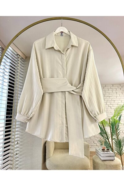 LİNA TESETTÜR Lina Dobby Shirt with Sashes on the Waist