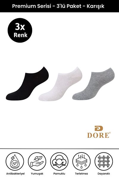 Dore Original 3 Pairs Premium Anti-Sweat Comfort Model Breathable Seamless Invisible Solid Color Booties Socks