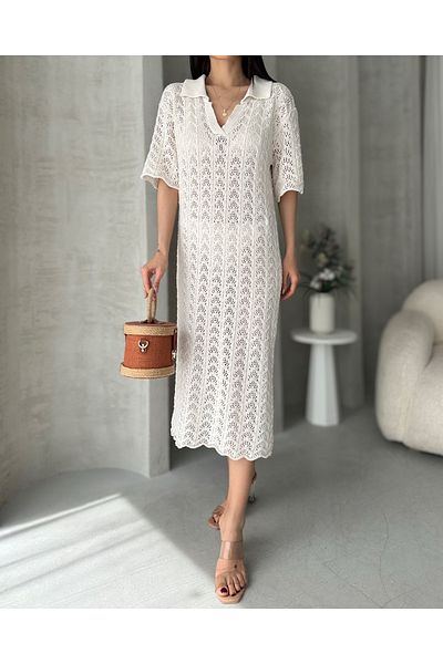 Fav Style Women's Polo Neck Short Sleeve Openwork Knitwear Midi Beach Dress Ecru