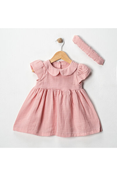 OPPOMİO Bebek Kız Pamuklu Müslin Fırfırlı Elbise ve Saç Bandı Takımı