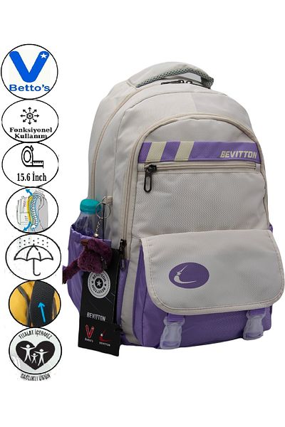 Harmela 34300 Water Resistant Casual School Backpack Unisex School Bag Beige-Lilac