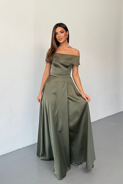 İyem Abiye Satin Plain Strapless Waistband Evening Dress Slim Fit