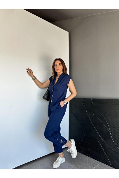 Zerrincan Giyim Lacivert Paçası Fistolu Keten Takım