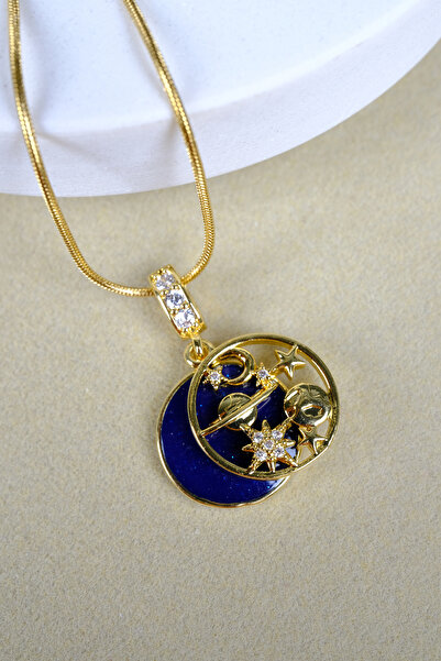 Zalifra Galaksi Seri, Lacivert Zemin Üzerine Gezegen ve Yıldızlar Temalı, Çelik Kolye