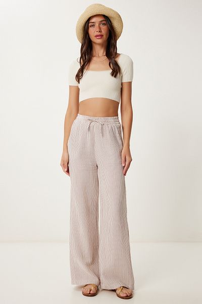 Lovelyİstanbul Striped Muslin Palazzo Trousers Bordo Bone Lsa0010