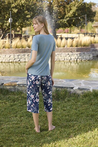 MONAMİSE Flower and Leaf Patterned and Printed Capri Set