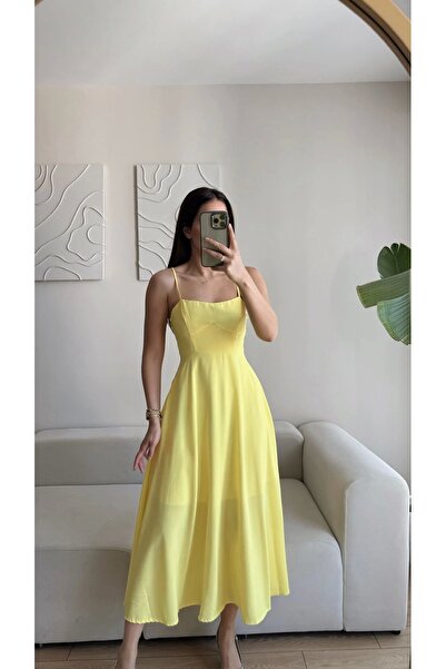 Zoom Butik İp Askılı Volanlı Prenses Elbise - SARI