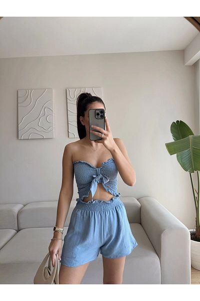 Zoom Butik طقم شورت وشورت بدون حمالات - أزرق
