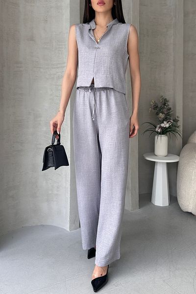 Fav Style Bluză fără mâneci cu guler dominator și pantaloni largi, cu buzunare, costum de jos, gri