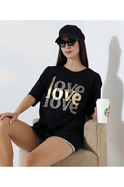 MODA تي شيرت نسائي بأكمام قصيرة وتفاصيل ورق الفهد الذهبي مقاس كبير