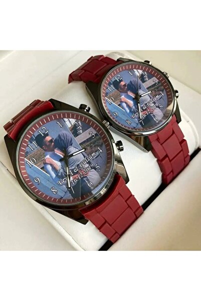 Bika Time Resimli Kişiye Özel Baskılı Kol Saatleri Çift Kol Saati Bay Bordo R...