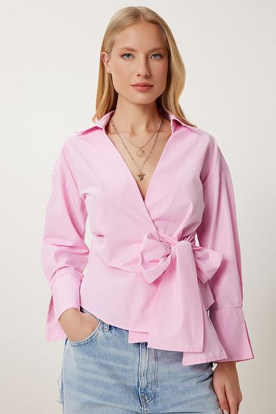 Lovelyİstanbul Shirt Collar Wrap Poplin Blouse Pink Ldp0046