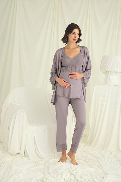 MONAMİSE Lace Maternity 3-Piece Pajamas Set