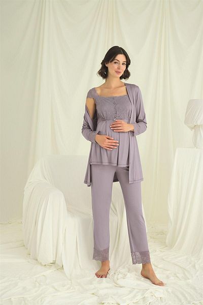 MONAMİSE Lace Front Buttoned Maternity 3-Piece Pajamas Set