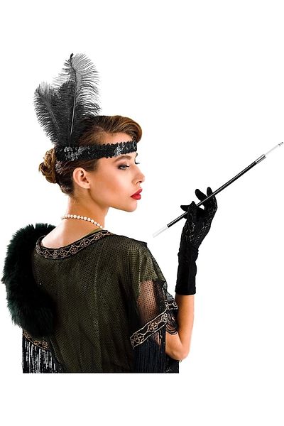 PRATİKOBA 192039 Ler Gatsby Accessory Set – Black Charleston Hair Band