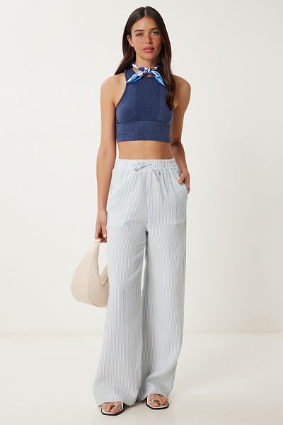 Lovelyİstanbul Pantaloni Palazzo din muselină cu dungi ALBASTRU DESCHIS BONE LSA0010