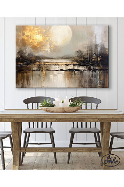 Şehber Tekli Yatay Kanvas Tablo Yağlı Boya Dokulu Dolunay Ve Nehir Dekoratif Kanvas Duvar Tablosu