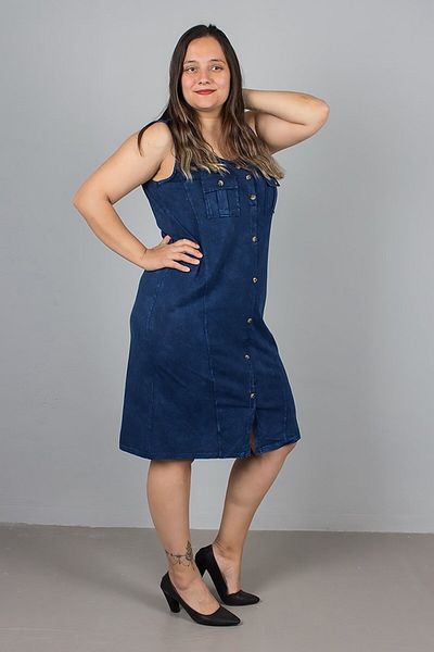 Truva XXL Plus Size Sleeveless Button Cotton Navy Dress
