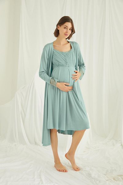 MONAMİSE Lace Front Buttoned Maternity Maternity Dressing Gown Set