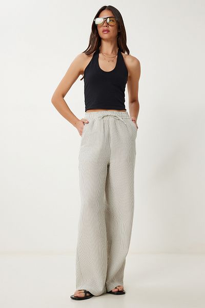 Lovelyİstanbul Striped Muslin Palazzo Trousers Anthracite Bone Lsa0010