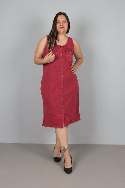 Truva XXL Plus Size Sleeveless Button Cotton Red Dress