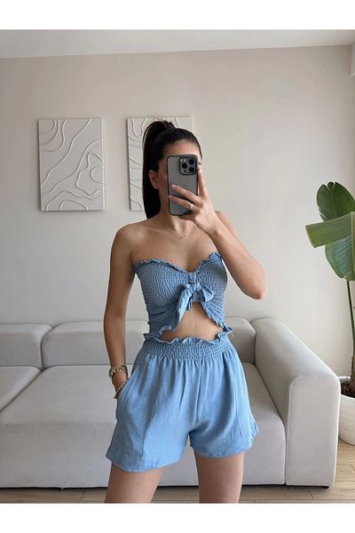 Zoom Butik طقم شورت وشورت بدون حمالات - أزرق