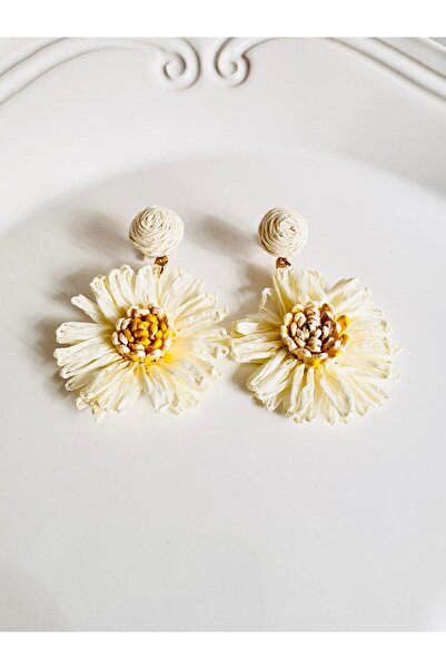 DEVİ fashion Wicker Beige Daisy Flower Earrings 6 cm