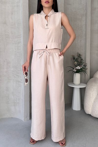 Fav Style Γυναικείο γιακά Judge Tank Top και φαρδιά παντελόνι με τσέπες στο κάτω μέρος Κρέμα