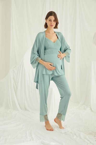 MONAMİSE Lace Maternity 3-Piece Pajamas Set